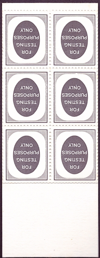 (image for) Folded Machine Test Booklet with pane of 6 "For Testing Purposes Only" Poached Egg Stamps. Plain white cover. - Click Image to Close